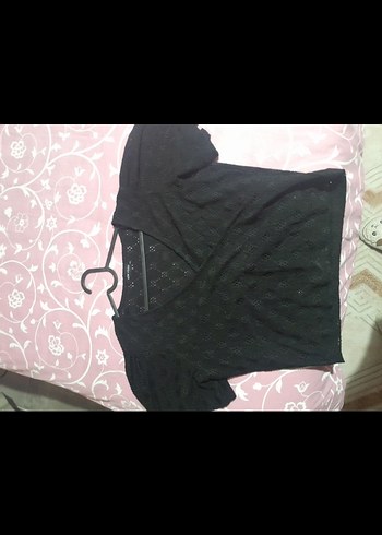 V Yaka Siyah Örgü Kısa Kollu Kadın Bluz - Görsel 2