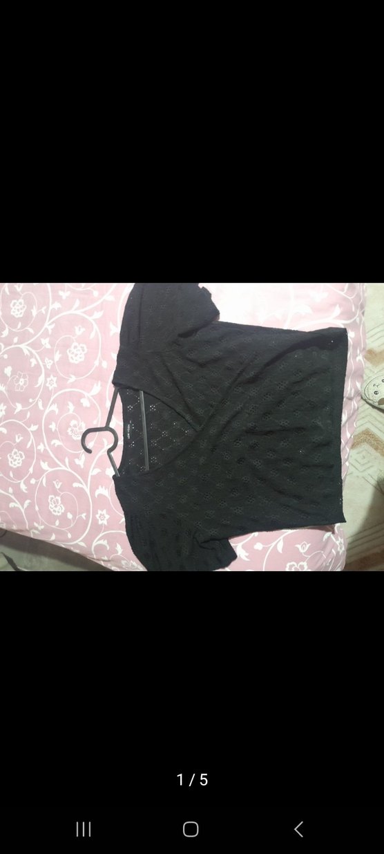 V Yaka Siyah Örgü Kısa Kollu Kadın Bluz - Görsel 2