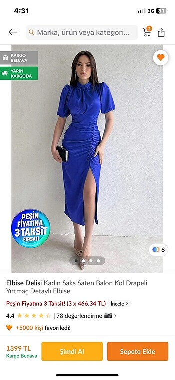 Saks mavisi yırtmaçlı saten elbise