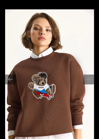 Düğmeli Baskılı Kahverengi Kadın Sweatshirt - Görsel 2