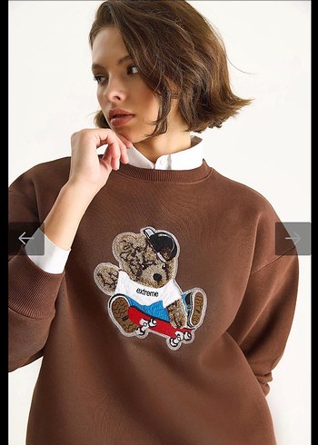 Düğmeli Baskılı Kahverengi Kadın Sweatshirt - Görsel 4