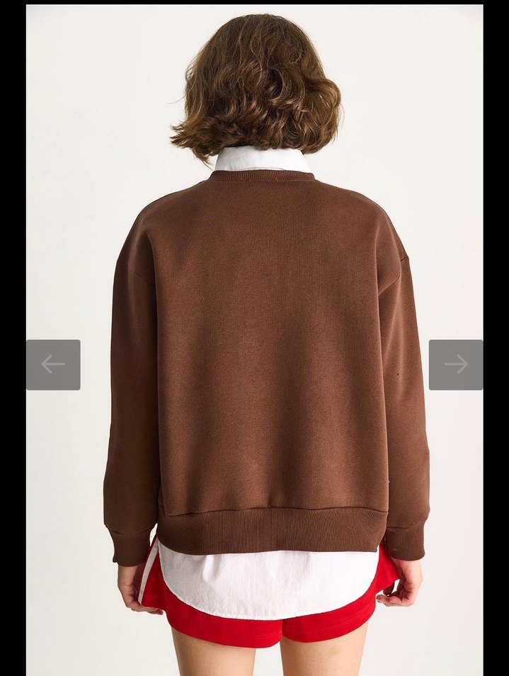 Düğmeli Baskılı Kahverengi Kadın Sweatshirt - Görsel 3