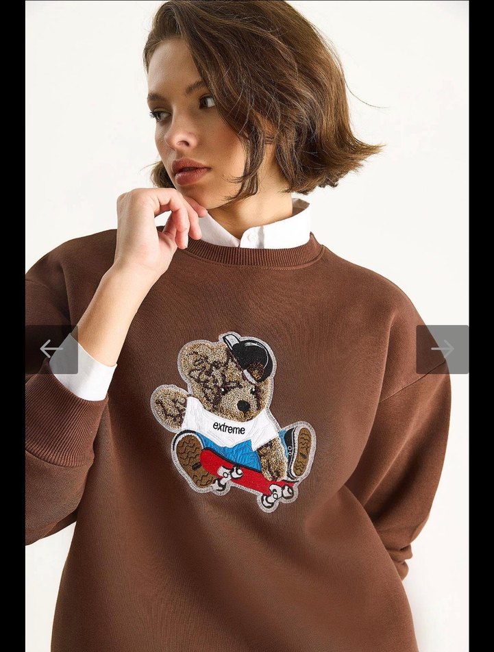 Düğmeli Baskılı Kahverengi Kadın Sweatshirt - Görsel 4