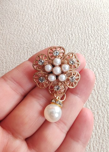 Bej İnci Boncuklu Çiçek Desenli Kadın Broş - Görsel 2