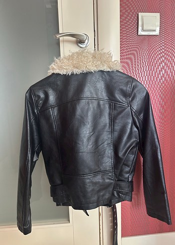 Mavi marka yakası kürklü deri ceket - Görsel 3