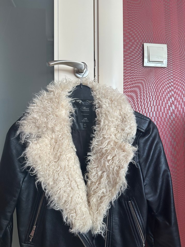 Mavi marka yakası kürklü deri ceket - Görsel 2
