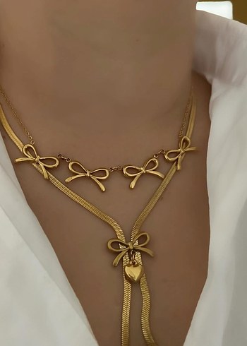 Zincir Detaylı Uzun Altın Kadın Kolyeleri - Görsel 3