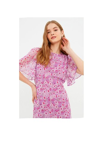 Pembe Uzun Çiçek Desenli Bohem Elbise - Görsel 3