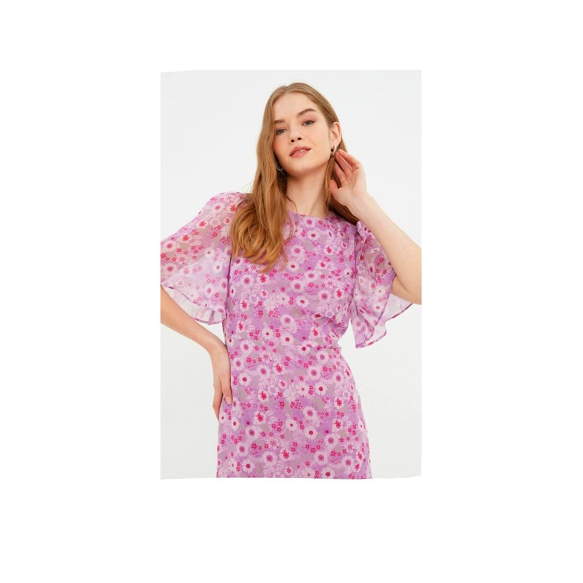 Pembe Uzun Çiçek Desenli Bohem Elbise - Görsel 3