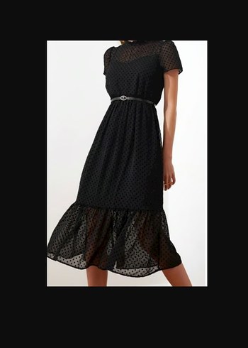 Siyah Puantiyeli Uzun İçten Askılı Kısa Kol Kemerli Elbise - Görsel 3