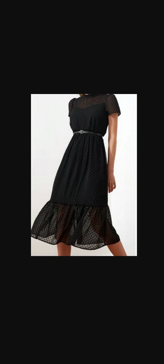 Siyah Puantiyeli Uzun İçten Askılı Kısa Kol Kemerli Elbise - Görsel 3