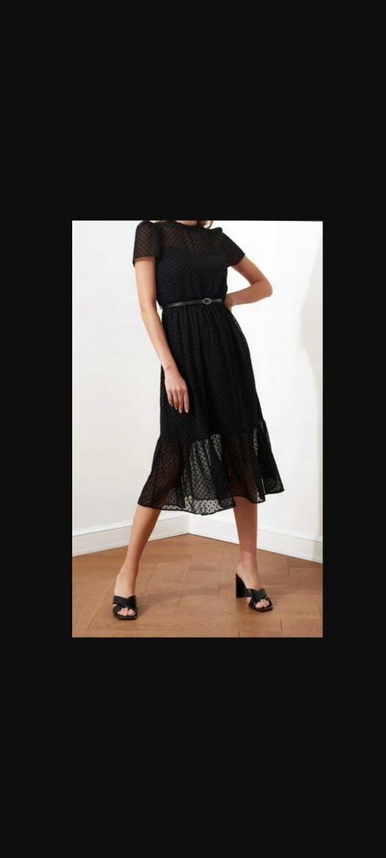 Siyah Puantiyeli Uzun İçten Askılı Kısa Kol Kemerli Elbise - Görsel 2