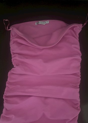 Pembe Straplez Pilili Mini Elbise - Görsel 3