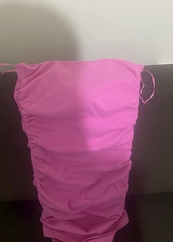 Pembe Straplez Pilili Mini Elbise - Görsel 2