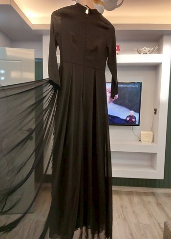 Drapeli Siyah Uzun Kollu Gotik Abiye Elbise - Görsel 4