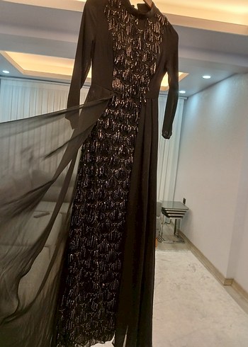 Drapeli Siyah Uzun Kollu Gotik Abiye Elbise - Görsel 3