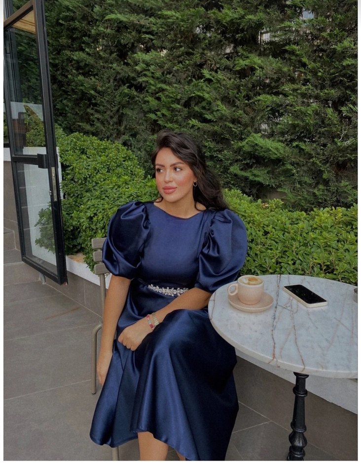 Lacivert Saten Uzun Elbise - Görsel 2