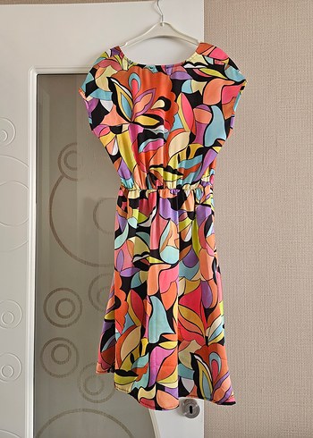 Renkli Bağlamalı V Yakalı kısa Elbise - Görsel 2