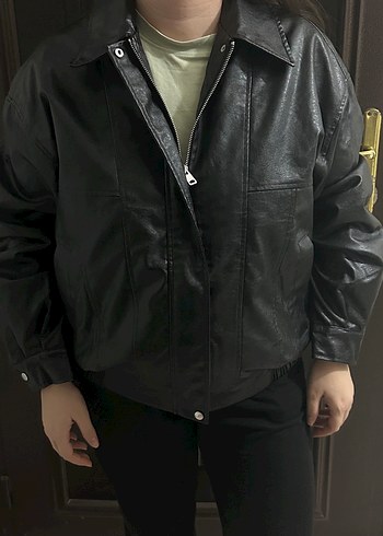 DeFacto Siyah Deri Kadın Ceket - Görsel 5