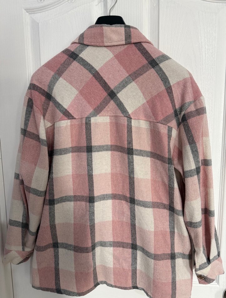 Pembe Kareli Düğmeli Kadın Hırka Gömlek - Görsel 2