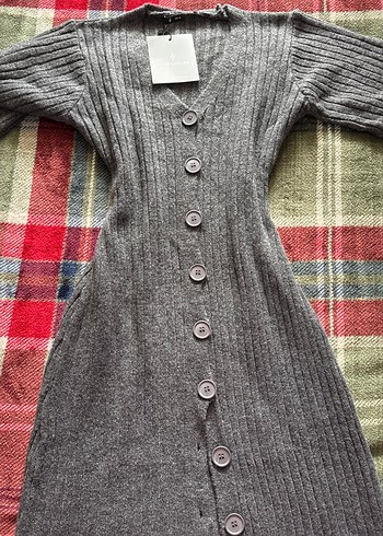 Gri V Yaka Uzun Triko Kadın Elbise - Görsel 2