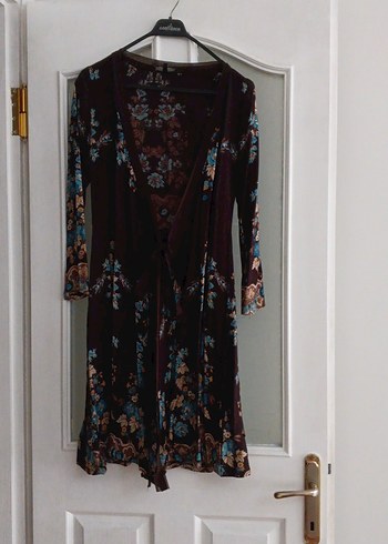 Kahverengi Bohem Uzun Kollu Bağlamalı Kadın Elbise - Görsel 2