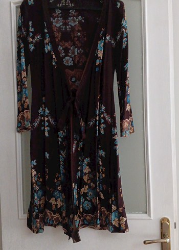 Kahverengi Bohem Uzun Kollu Bağlamalı Kadın Elbise - Görsel 3