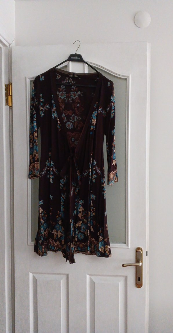 Kahverengi Bohem Uzun Kollu Bağlamalı Kadın Elbise - Görsel 2