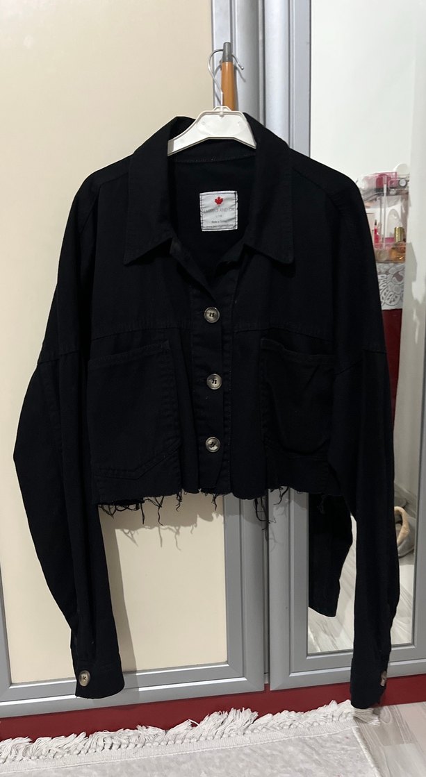 Düğmeli Siyah Salaş Denim Ceket - Görsel 2