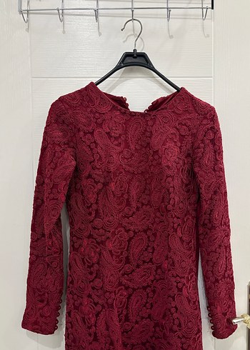 Bordo Dantel Detaylı Uzun Kollu Uzun Elbise - Görsel 2