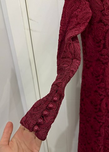 Bordo Dantel Detaylı Uzun Kollu Uzun Elbise - Görsel 6