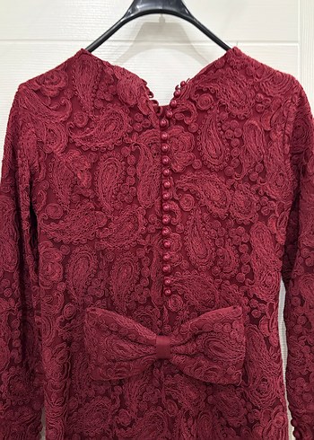 Bordo Dantel Detaylı Uzun Kollu Uzun Elbise - Görsel 4