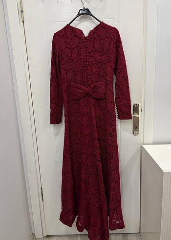 Bordo Dantel Detaylı Uzun Kollu Uzun Elbise - Görsel 3