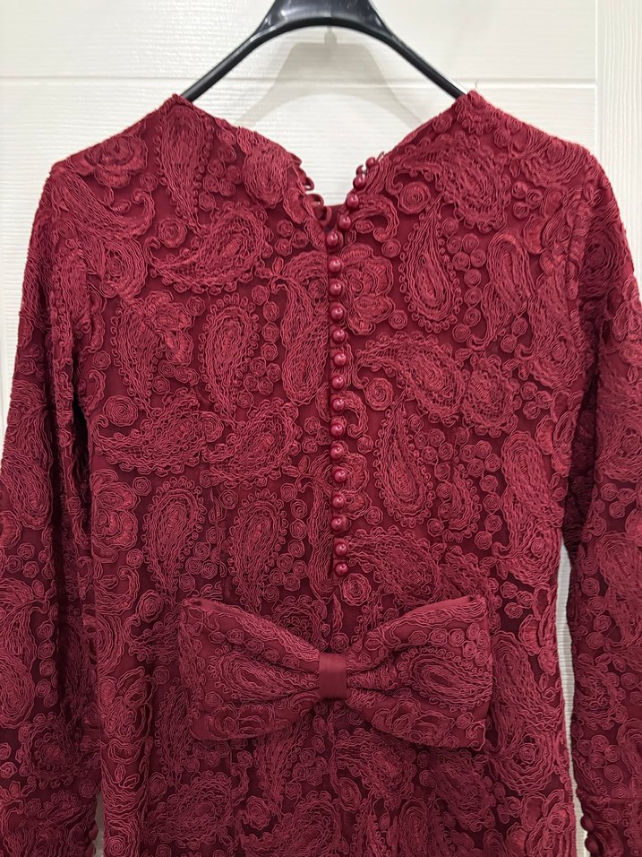 Bordo Dantel Detaylı Uzun Kollu Uzun Elbise - Görsel 4