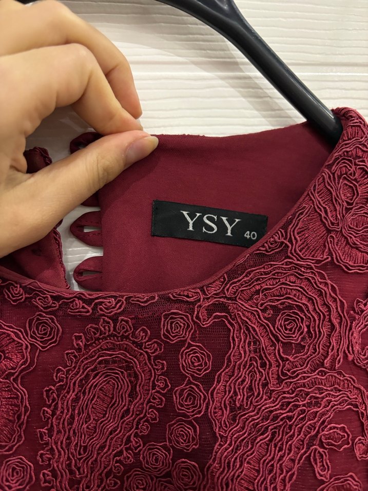 Bordo Dantel Detaylı Uzun Kollu Uzun Elbise - Görsel 5