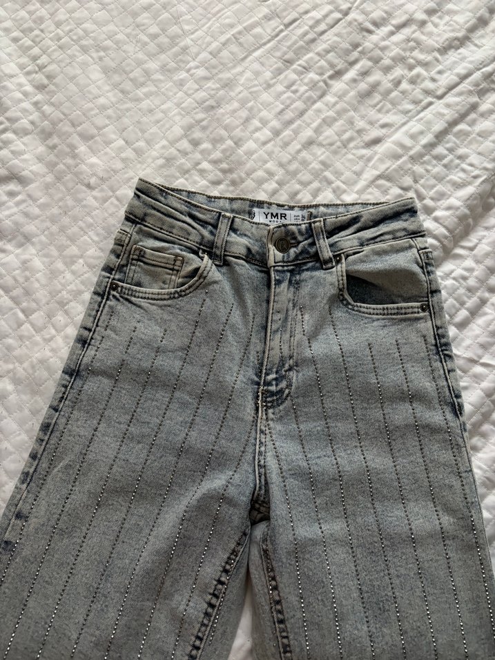 Gri Çizgili Kadın Midi Boy Denim Pantolon - Görsel 5