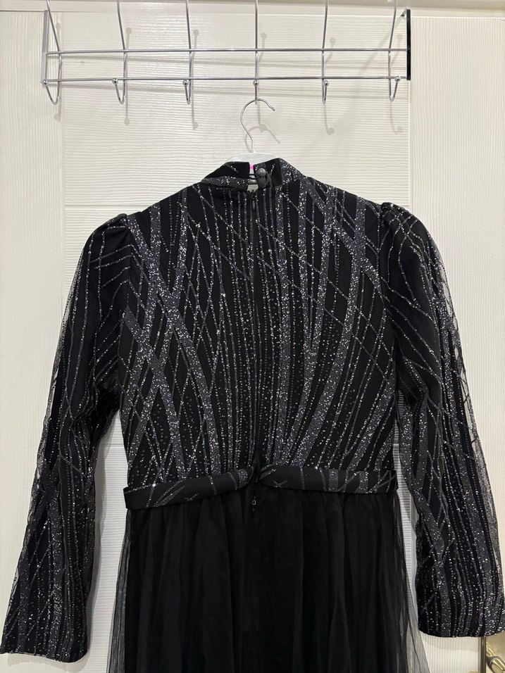 Uzun Kollu Siyah Gotik Abiye Elbise - Görsel 4