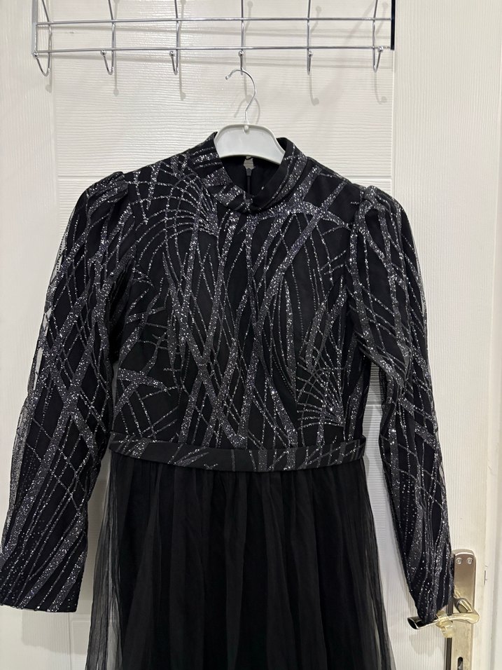 Uzun Kollu Siyah Gotik Abiye Elbise - Görsel 2