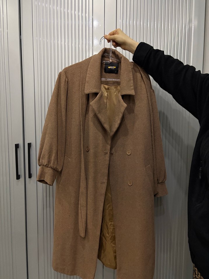 Düğmeli Kahverengi Midi Yün Kadın Kaban - Görsel 2