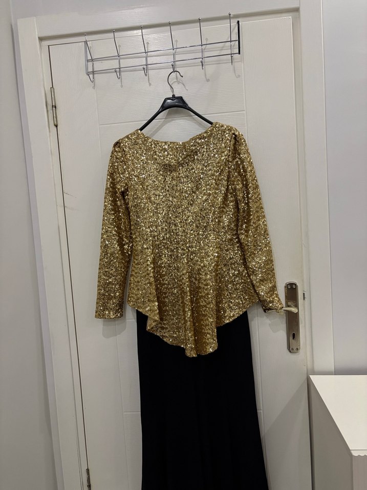 Altın Renk Uzun Kollu Abiye Elbise - Görsel 4