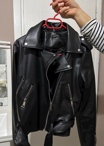 Deri Siyah Biker Ceket Kadın - Görsel 4