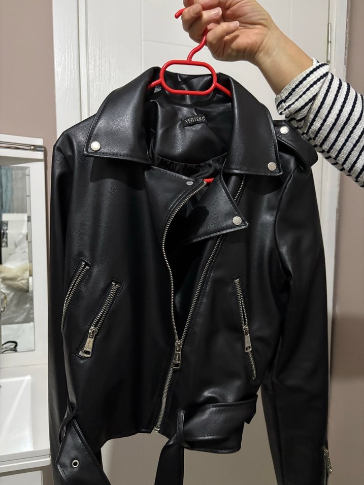 Deri Siyah Biker Ceket Kadın - Görsel 4
