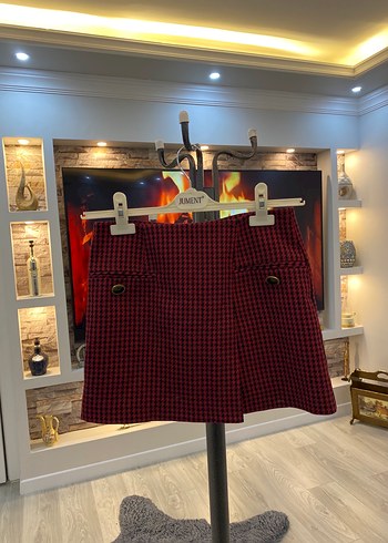 Bordo Ekose Düğmeli Mini Etek - Görsel 2