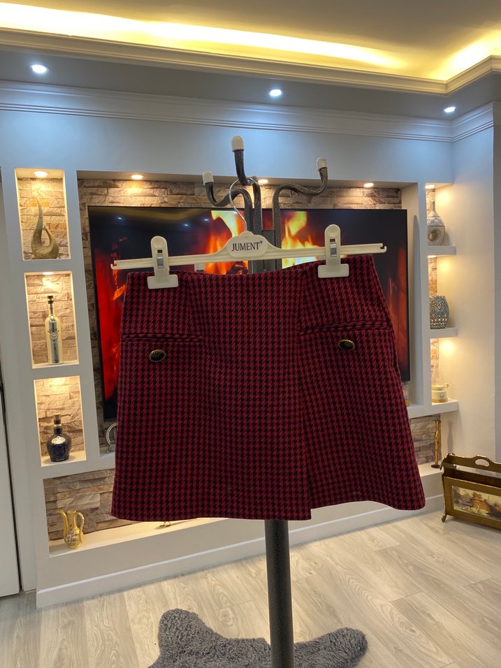 Bordo Ekose Düğmeli Mini Etek - Görsel 2