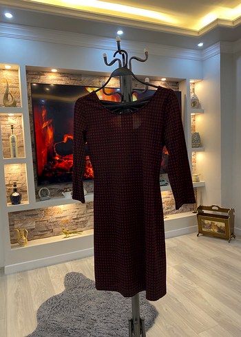 Bordo V Yakalı Uzun Kollu Desenli Triko Elbise - Görsel 2