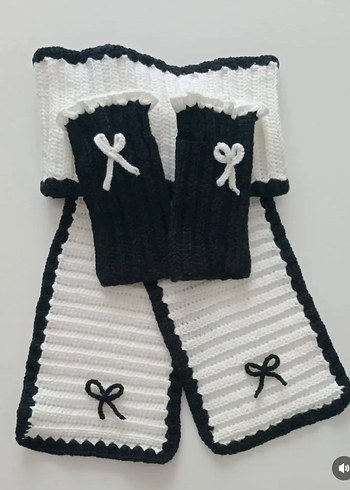Kadın/Kız Çocuk Siyah Beyaz Fiyonklu Eldiven ve Atkı Seti - Görsel 2