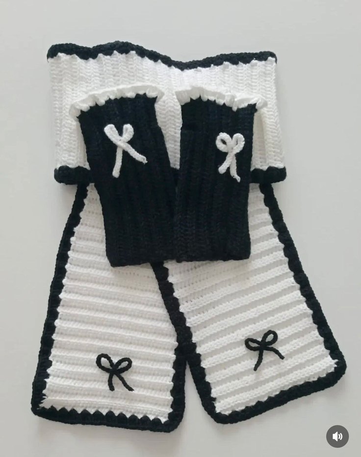 Kadın/Kız Çocuk Siyah Beyaz Fiyonklu Eldiven ve Atkı Seti - Görsel 2