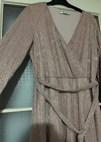 Bej Drapeli Kadın Uzun Abiye Elbise - Görsel 3