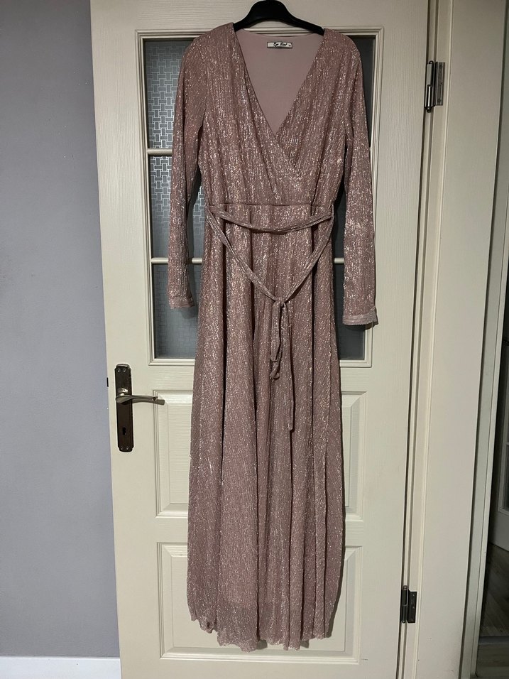 Bej Drapeli Kadın Uzun Abiye Elbise - Görsel 2