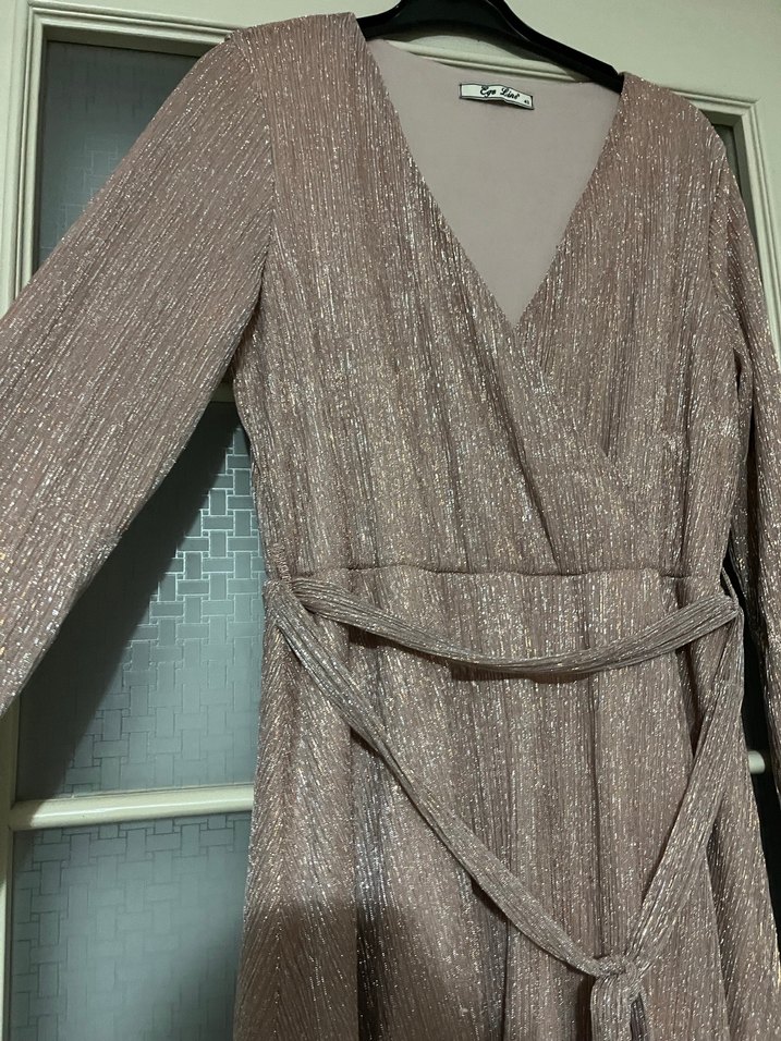 Bej Drapeli Kadın Uzun Abiye Elbise - Görsel 3